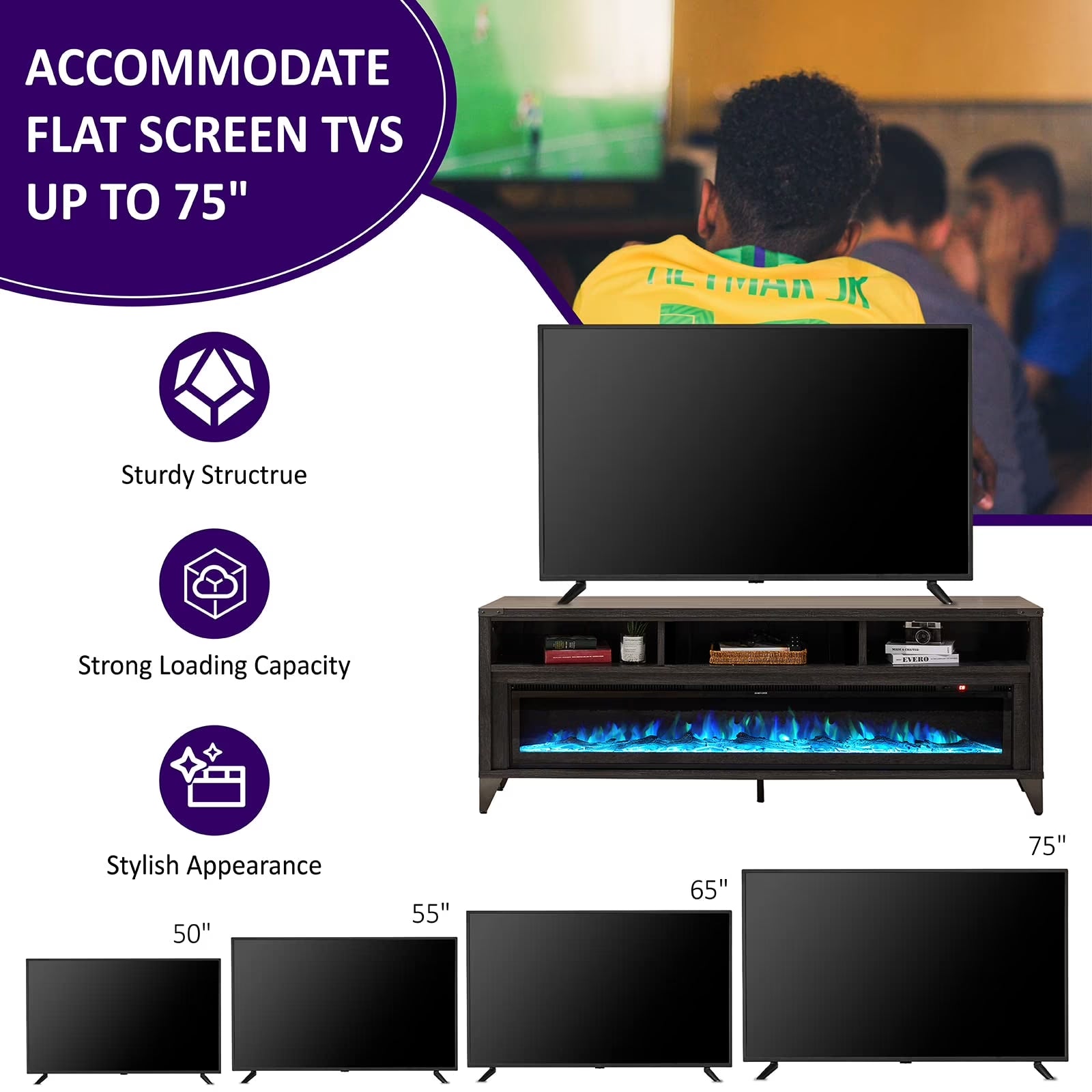 65" Glass Fireplace TV Stand for Tvs up to 75", Grey