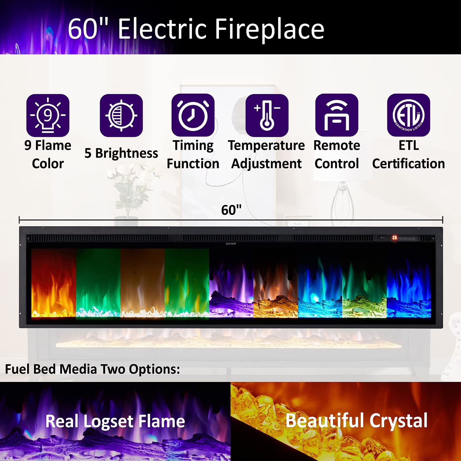 65" Glass Fireplace TV Stand for Tvs up to 75", Grey