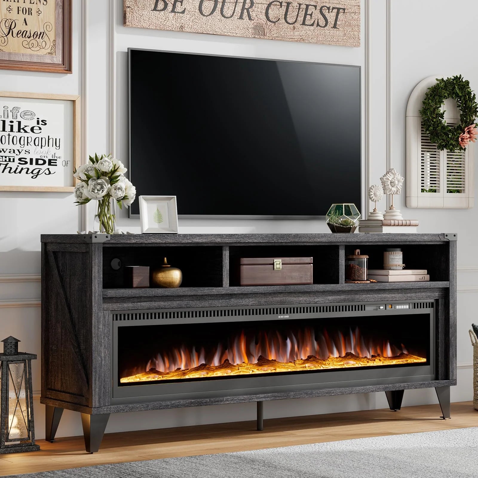 65" Glass Fireplace TV Stand for Tvs up to 75", Grey