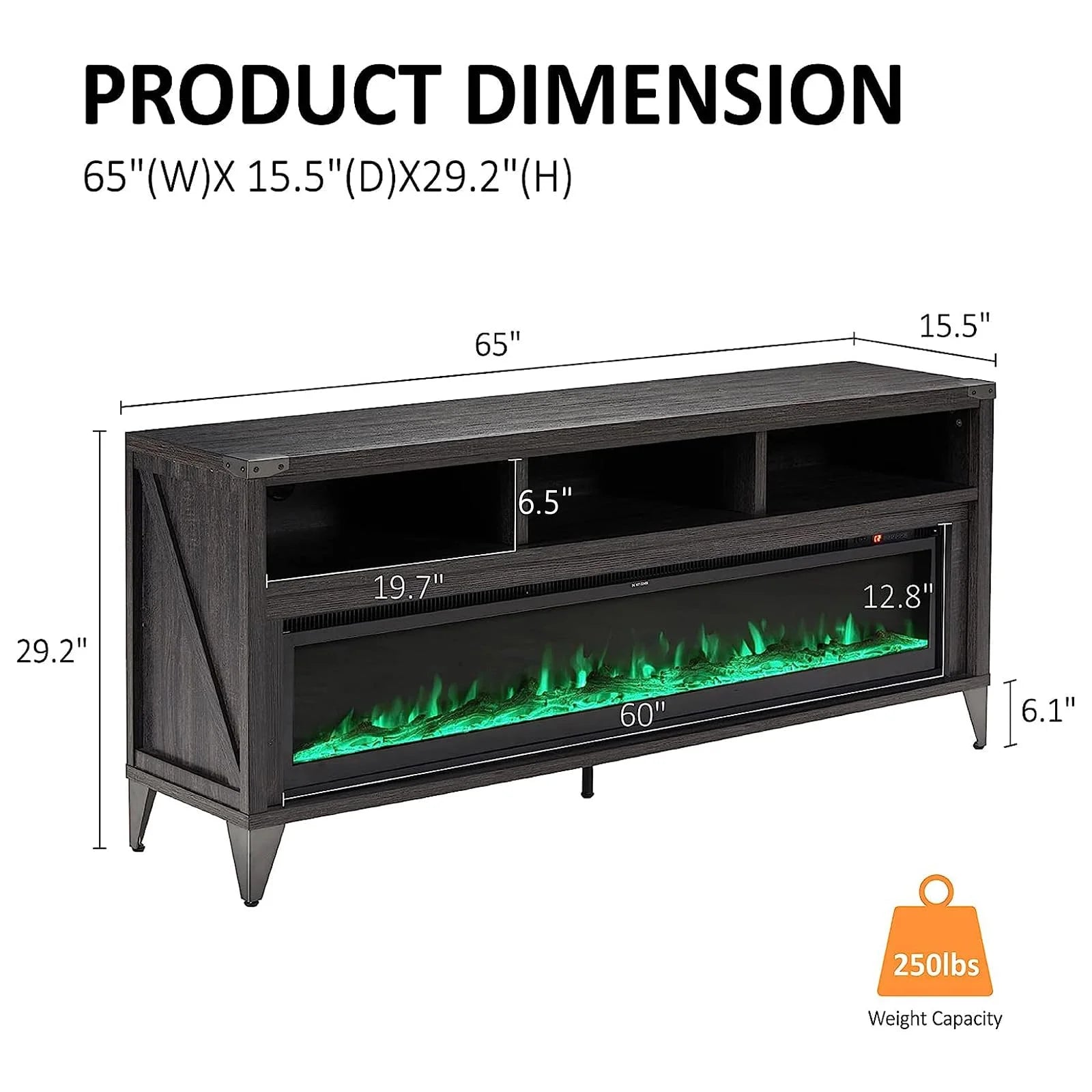 65" Glass Fireplace TV Stand for Tvs up to 75", Grey